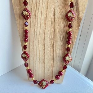 Vintage Japan signed beaded necklace with floral transferware on dark red